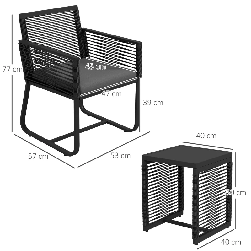 Outsunny 3-teiliges Bistro-Set Balkon-Set Terrassen-Set, wetterbeständig, modernes Design, 53 cm x 57 cm x 77 cm, Schwarz + Grau