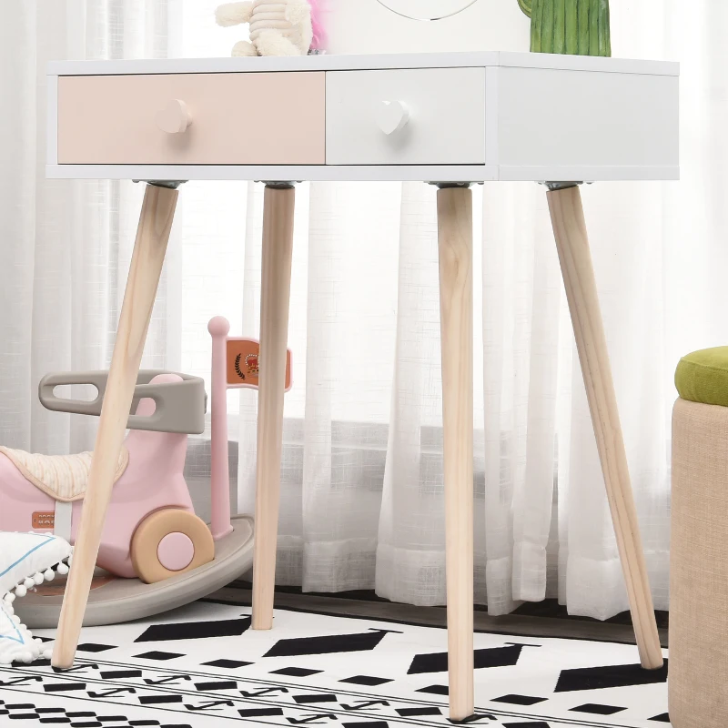 HOMCOM Kinder-Schminktisch mit 2 Schubladen u. 1 Spiegel, 69 cm x 49 cm x 163 cm, Rosa+ Weiß + Natur