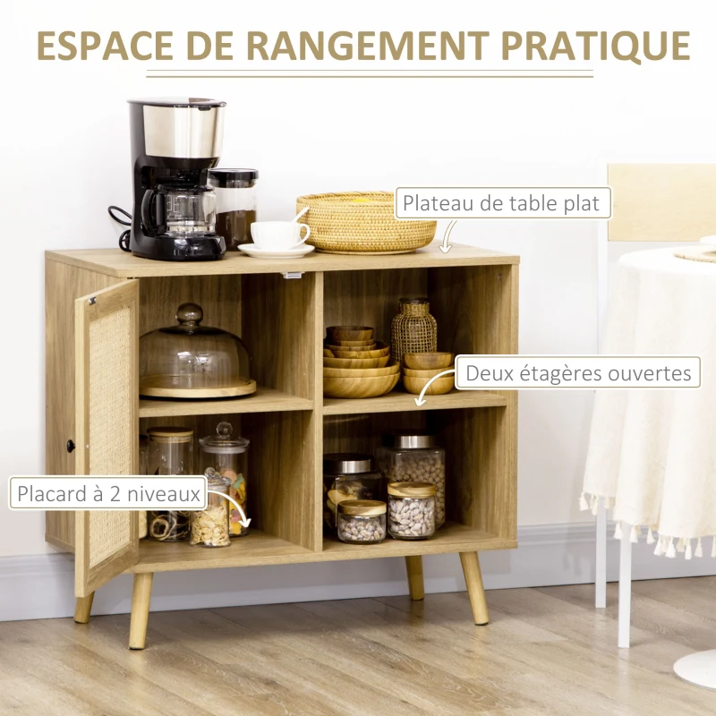 HOMCOM Meuble de rangement buffet 1 porte cannage effet bois - dim. 80L x 39l x 70H cm