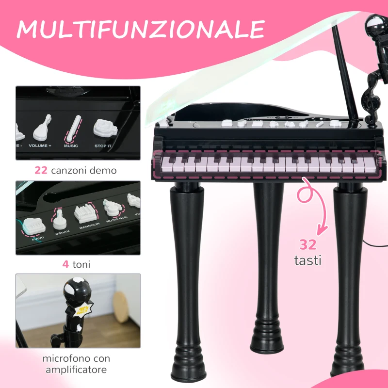 AIYAPLAY Pianoforte per Bambini a 32 Tasti con Sgabello, Microfono, Musiche, Luci e Gambe Rimovibili, Nero