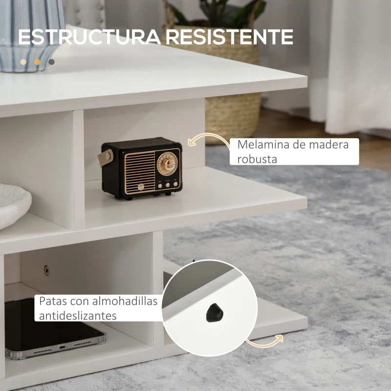 HOMCOM Mesa de Centro Cuadrada Moderna con Múltiples Estantes para Salón Oficina Dormitorio Estudio 70x70x36,5 cm Blanco