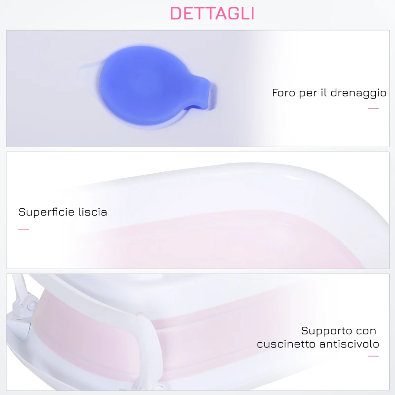 HOMCOM Vaschetta per Bagnetto per Neonati Ergonomico Pieghevole Piedini Anti-Scivolo Standard EN71-1, EN71-2, EN71-3 Rosa Età Adatta: 0-3anni 80x48x21cm