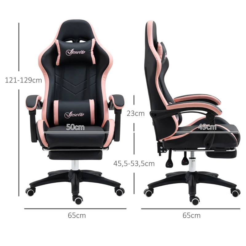 Vinsetto Silla Gaming Silla Gamer de Cuero PU Reclinable 135° Reposacabezas y Reposapiés 65x65x121-129 cm Negro y Rosa
