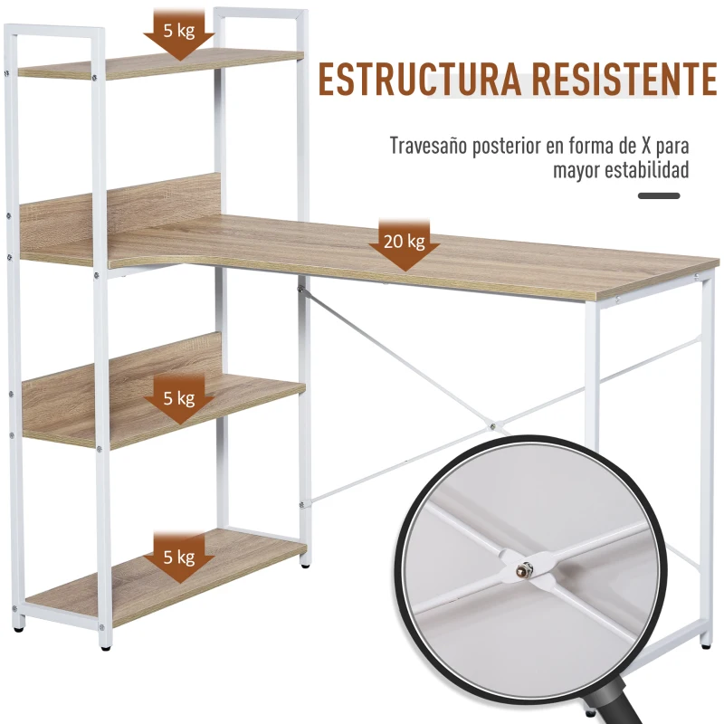 HOMCOM Mesa de Ordenador Multifuncional Escritorio Estilo Industrial Vintage con 4 Estantes para Despacho Casa Estudio 120x70x120 cm Blanco Roble