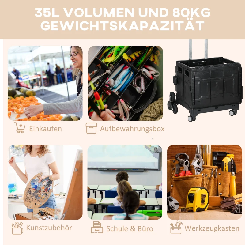 HOMCOM Einkaufswagen Einkaufstrolley, Treppensteiger,  klappbar, Teleskopgriff, bis max. 65 Kilo belastbar, Schwarz