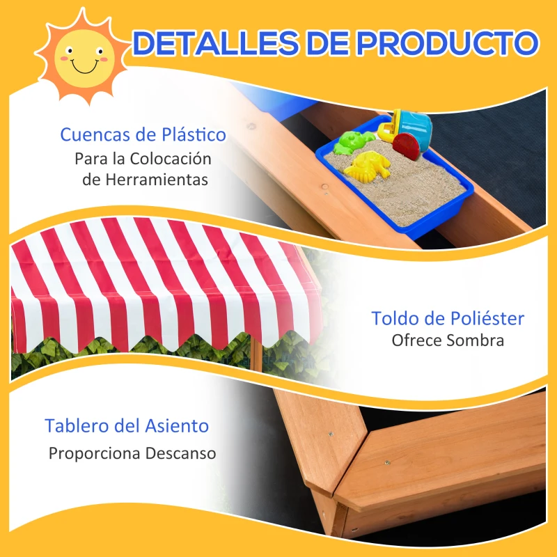 Outsunny Arenero Infantil de Madera con Techo Inclinable Ajustable en Altura y 2 Cubetas de Plástico Cajón de Arena de Jardín para Niños +3 Años 107,5x107,5x110 cm Natural