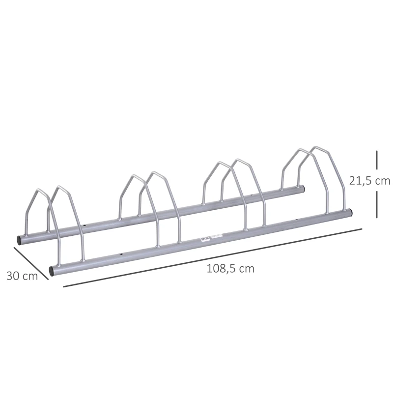HOMCOM Fahrradständer für 4 Fahrräder Stahl Fahrradhalter mit 35-55 mm Reifenbreiten freistehender Bodenparker Abstellständer Radständer für Boden- oder Wandmontage 108,5 x 30 x 21,5cm Silber