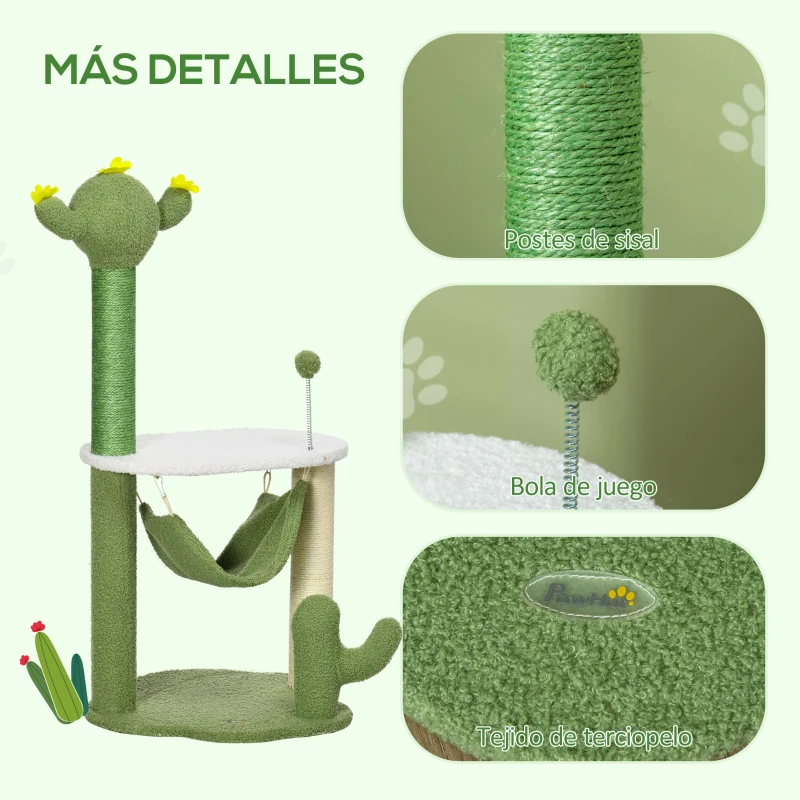 PawHut Árbol Rascador para Gatos con Forma de Cactus con Hamaca Plataforma Postes de Sisal y Bola 45x45x90 cm Verde