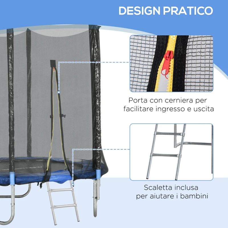 SPORTNOW Trampolino Elastico con Scaletta e Rete di Sicurezza, in Acciaio e Plastica, Ø180x200 cm, Blu