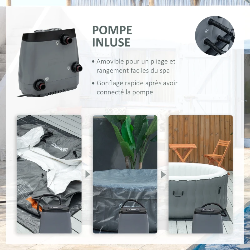 Outsunny Spa Gonflable Rond - 930 litres 108 Jets de Massage - 4 Personnes avec bâche, 2 Cartouches filtrantes - Liner PVC Blanc Gris