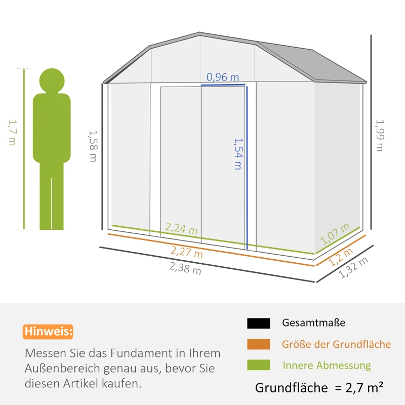 Outsunny Gartenhaus Geräteschuppen Gartenschuppen, wetterbeständig, 2 Fenster, 2 Türen, 238 x 132 x 198,5 cm, Dunkelgrau(m-3)
