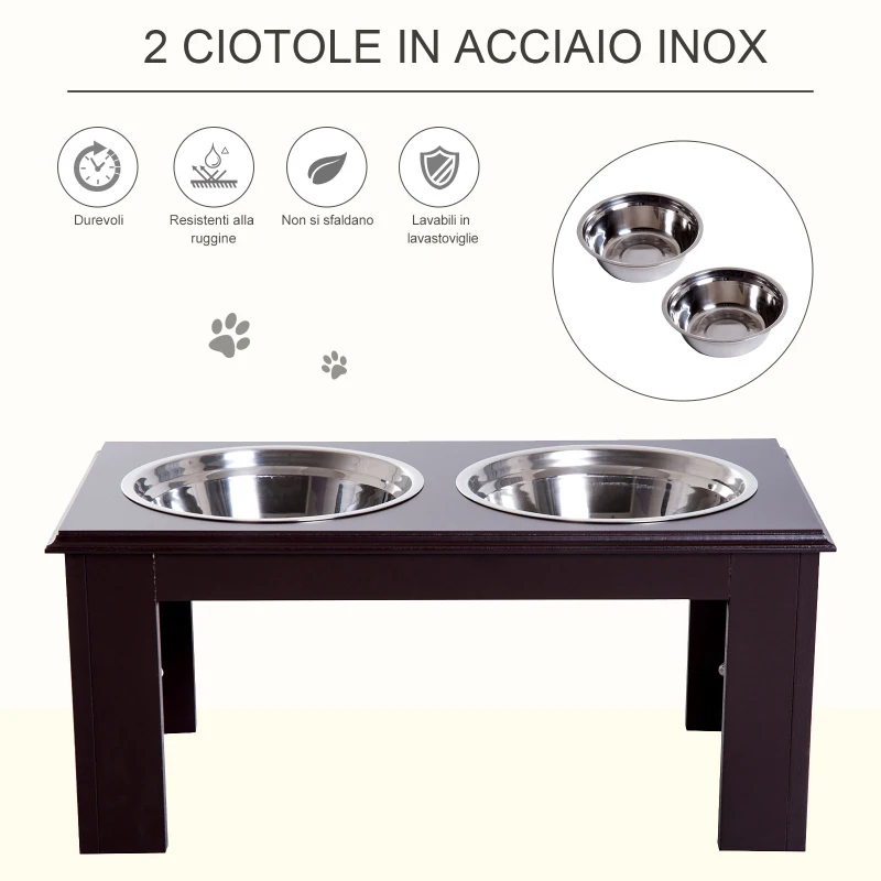 PawHut Ciotole Rialzate per Cani Taglia Media, Supporto Portaciotole in MDF con 2 Ciotole in Acciaio Inox per Cibo e Acqua, Caffè Scuro
