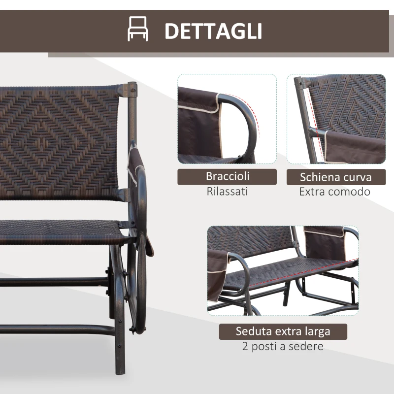 Outsunny Panchina a Dondolo da Giardino 2 Posti in Rattan e Acciaio con Tasche Laterali, 122x75x88cm Marrone e Nero