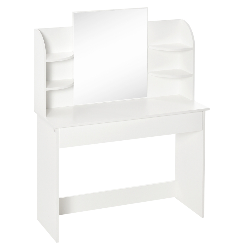 HOMCOM Modern Dressing Table Writing Desk W/ Mirror, Big Drawers, 2-Tier Open Shelf For Home Bedroom White