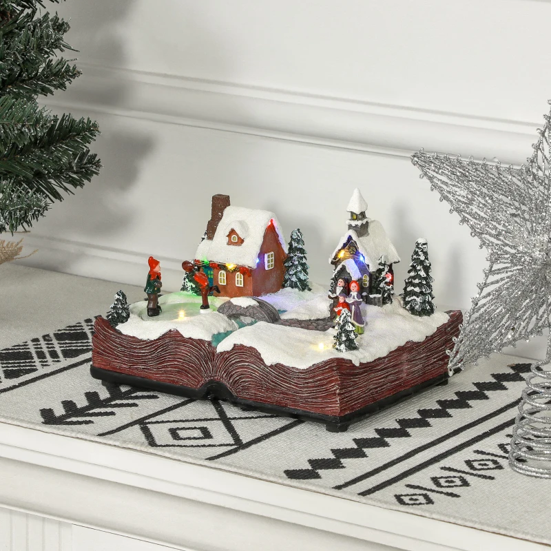 HOMCOM Pueblo Navideño Escena Navideña con Luces y Música Patinadores Giratorios Decoración de Navidad 23x18x15 cm Multicolor
