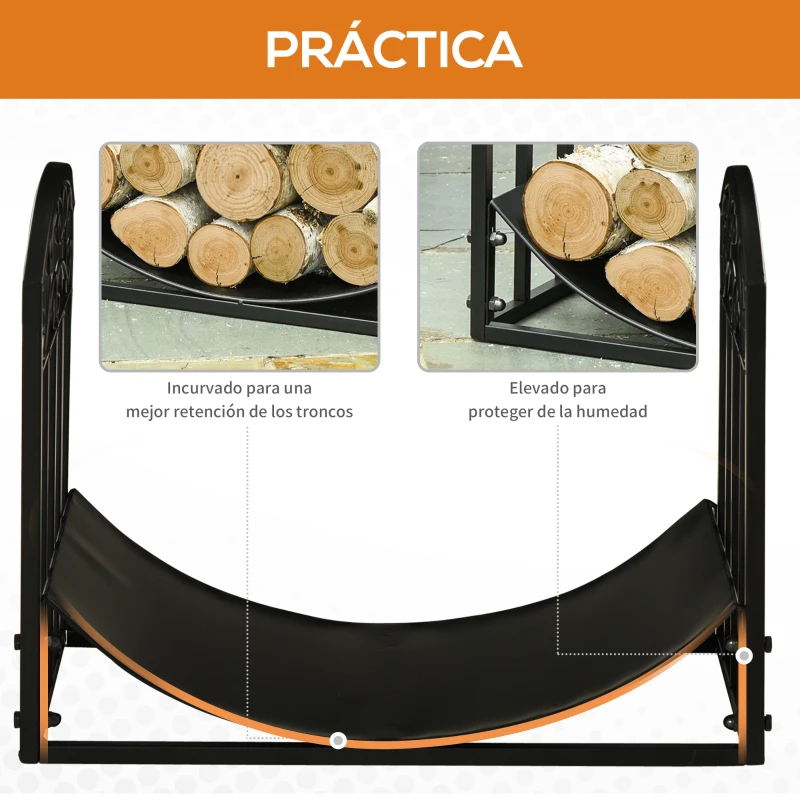 Outsunny Soporte para Leña de Interior y Exterior en Metal con Estante Curvo hasta 60 kg de Leña 60,5x36x46,5 cm Negro