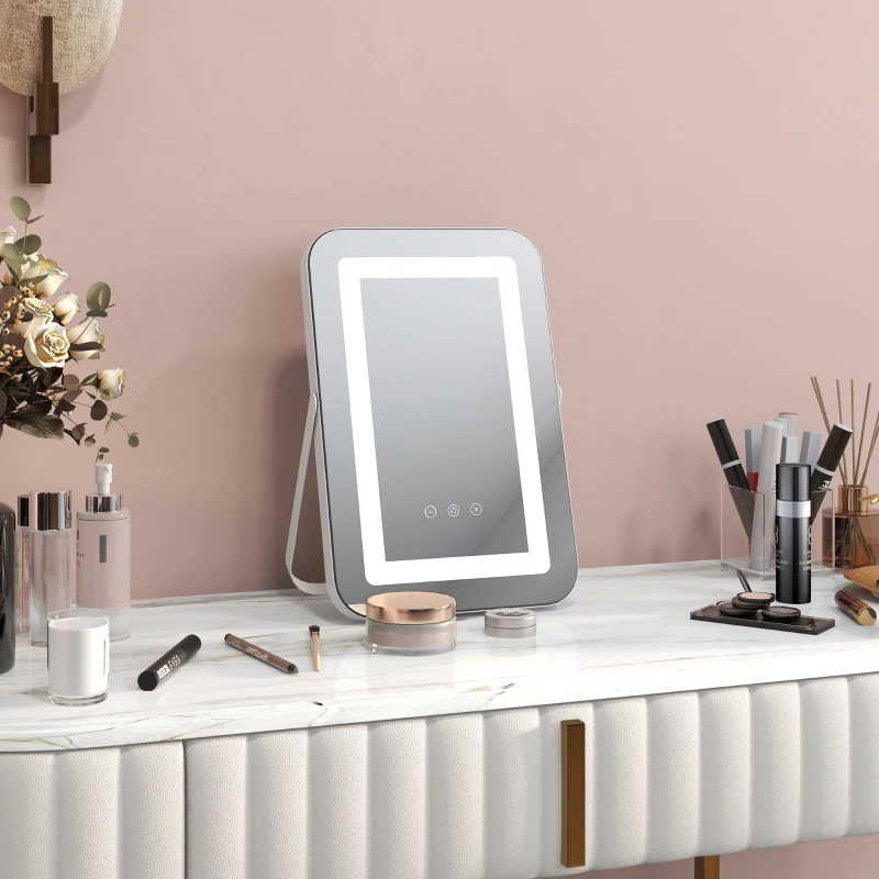 HOMCOM Espejo Tocador Giratorio 30x40 cm con 3 Modos de Iluminación Ajustables Interruptor Táctil Espejo de Aumento Blanco
