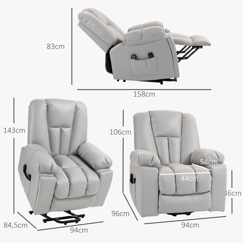 HOMCOM Massagesessel Relaxsessel Seniorensessel, Fernbedienung, Seitentaschen, 94 cm x 96 cm x 106 cm, Grau(m-3)