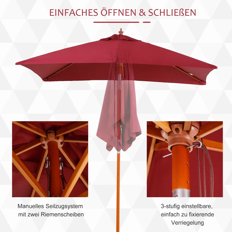 Outsunny Sonnenschirm 200 x 150 x 235 cm Knickbarer Gartenschirm 3-stufig einstellbar rechteckig Strandschirm wasserabweisend und UV-beständig für Strand Balkon Terrasse Garten Weinrot