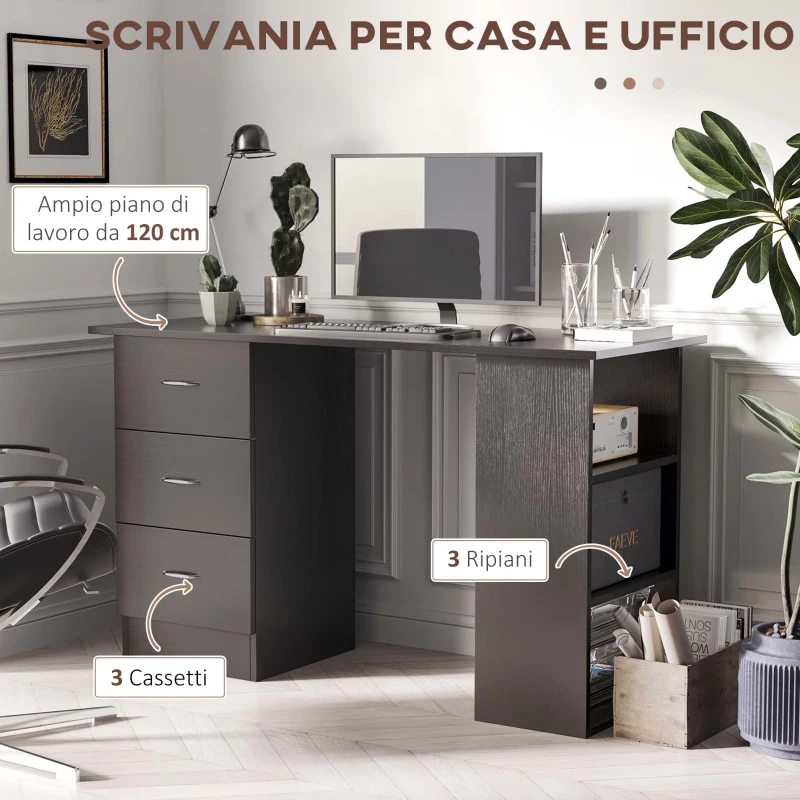 HOMCOM Scrivania PC con 3 Ripiani e 3 Cassetti per Camera e Ufficio, in Legno MDF, 120x49x72 cm, Nera