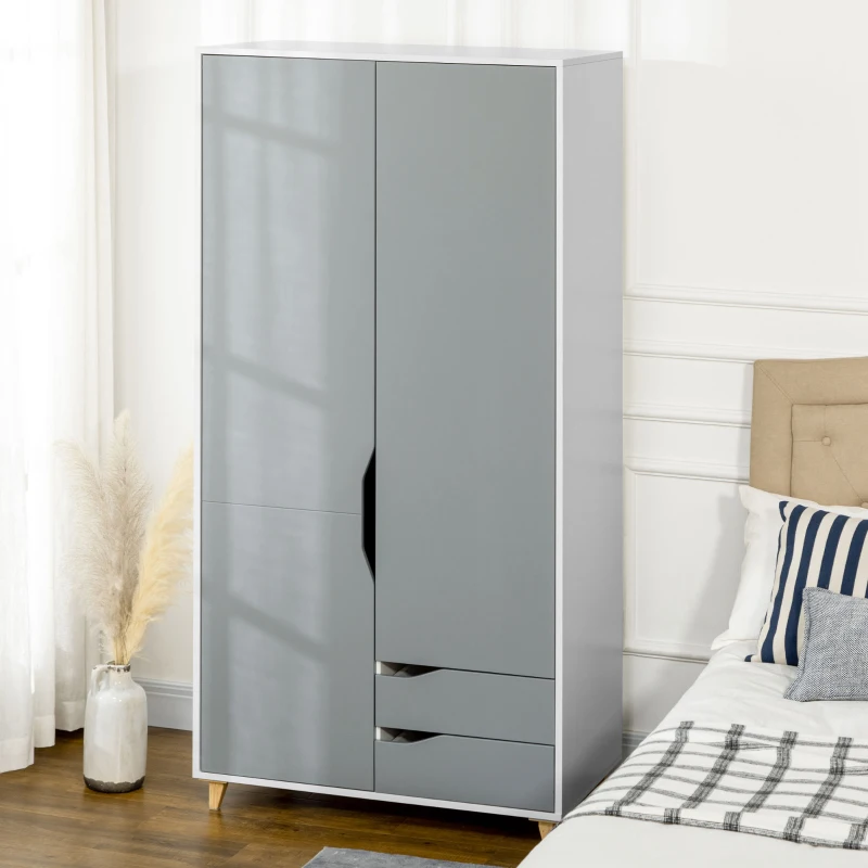 HOMCOM Wardrobe with 2 Doors, 2 Drawers, Hanging Rail, Shelves for Bedroom Clothes Storage Organiser, 89x50x185cm, Grey