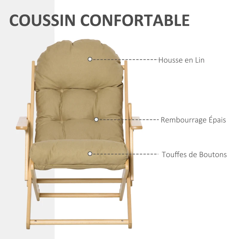 HOMCOM Fauteuil Chaise de Salon Pliable et inclinable en Bois Fauteuil Relax Confortable avec Coussin capitonné épais - 71 x 89 x 96 cm marron clair