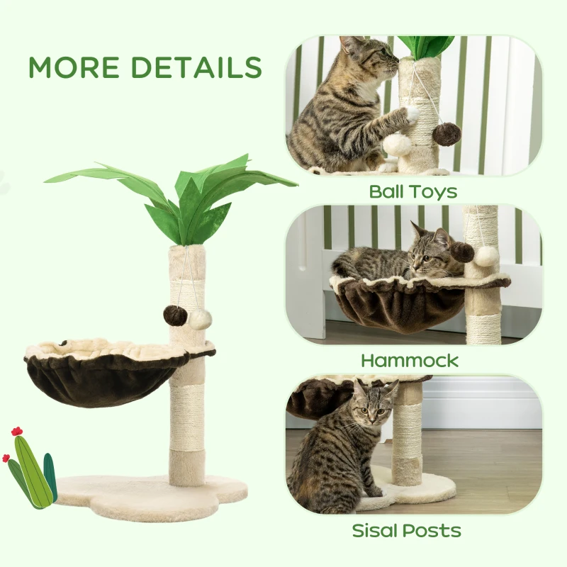 PawHut 68cm Palm Tree Shaped Cat Tree w/ Hammock, Sisal Scratching Post - Beige