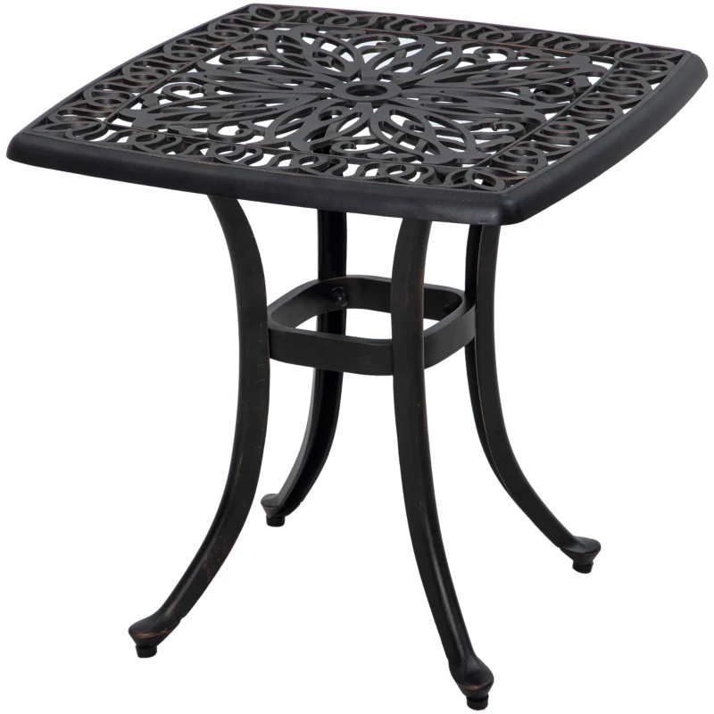 Outsunny Cast Aluminium Bistro Table, Outdoor Square Side Table with Umbrella Hole, Garden Table for Balcony, Bronze Tone