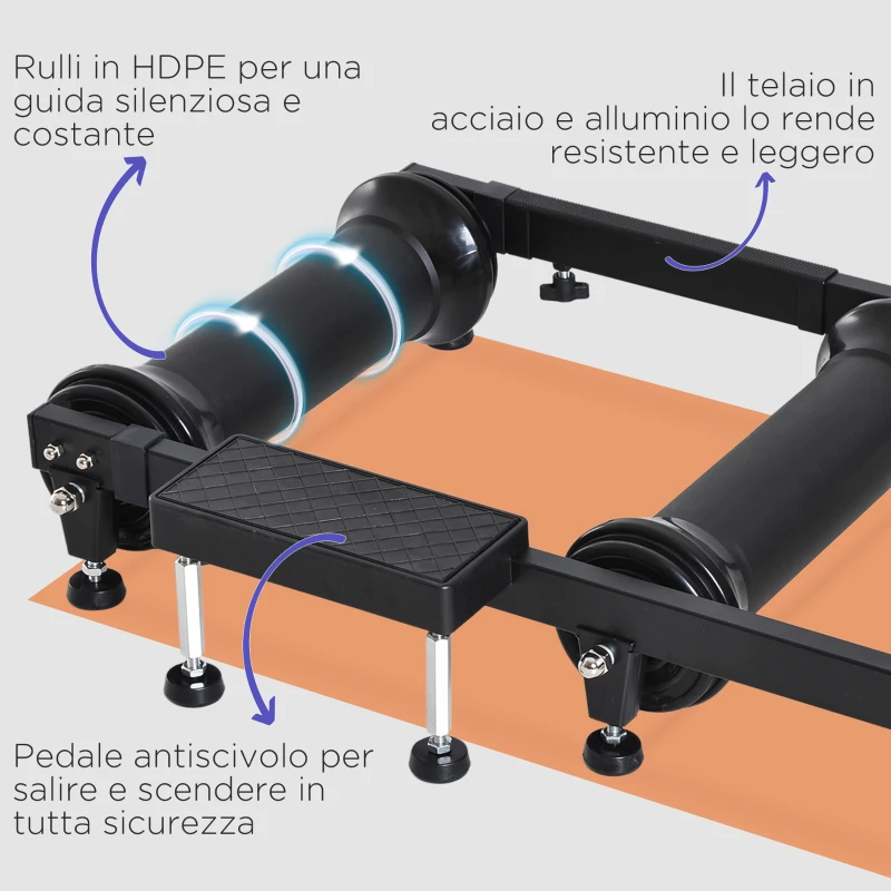 HOMCOM Rullo per Bicicletta Portatile Allenamento Fitness da Casa, Supporto Bici da Terra con Lunghezza Regolabile 49x16x82-137cm