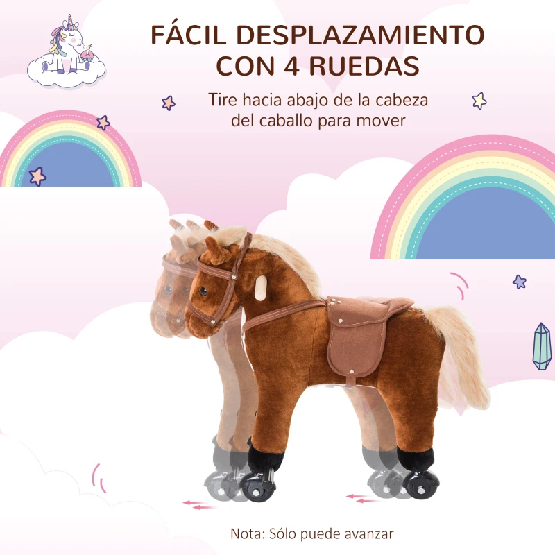 HOMCOM Caballito Infantil +2 Años Caballo con Ruedas Sonidos de Relincho Palos Pedales 55x23x60 cm Marrón