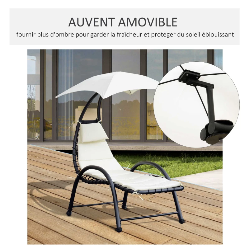Outsunny Bain de Soleil transat de jardin chaise longue Design Contemporain - Pare-Soleil et Matelas - Acier Polyester - dim. 1,7L x 1,18l x 1,77H m - écru Noir