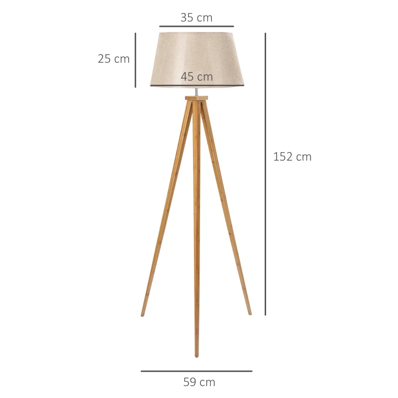 HOMCOM Lampadaire trépied pieds en bois et abat-jour aspect lin 40 W dim. 59L x 59l x 152H cm