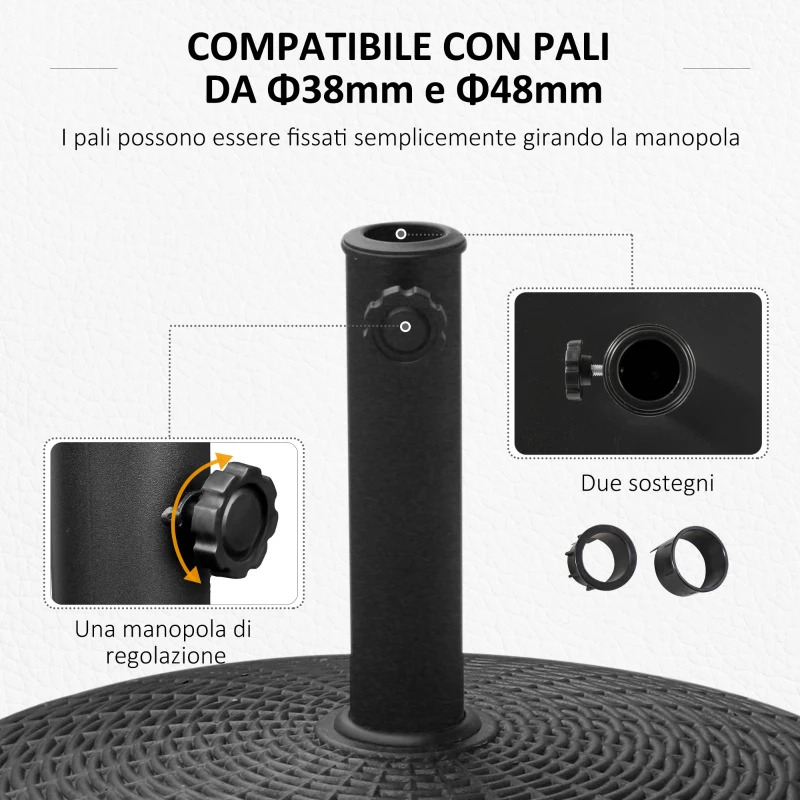 Outsunny Base per Ombrellone da Giardino Rotonda a 4 Ruote con Freni, Basamento per Ombrellone in Metallo e Resina, per Pali di Ombrelloni da Ø38/48 mm, Ø52x41 cm, Nero