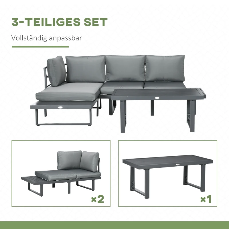 Outsunny Gartenmöbel-Set für 4 Personen Sitzgruppe, 2x Sitzbank, 1 x höhenverstellbarer Beistelltisch, Grau