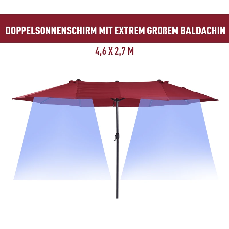 Outsunny Doppelsonnenschirm 455 x 270 cm Gartenschirm mit Handkurbel oval stabil Metallstange Marktschirm Doppelsonnenschirm Terrassenschirm Sonnenschutz für Strand Balkon Terrasse Garten Weinrot