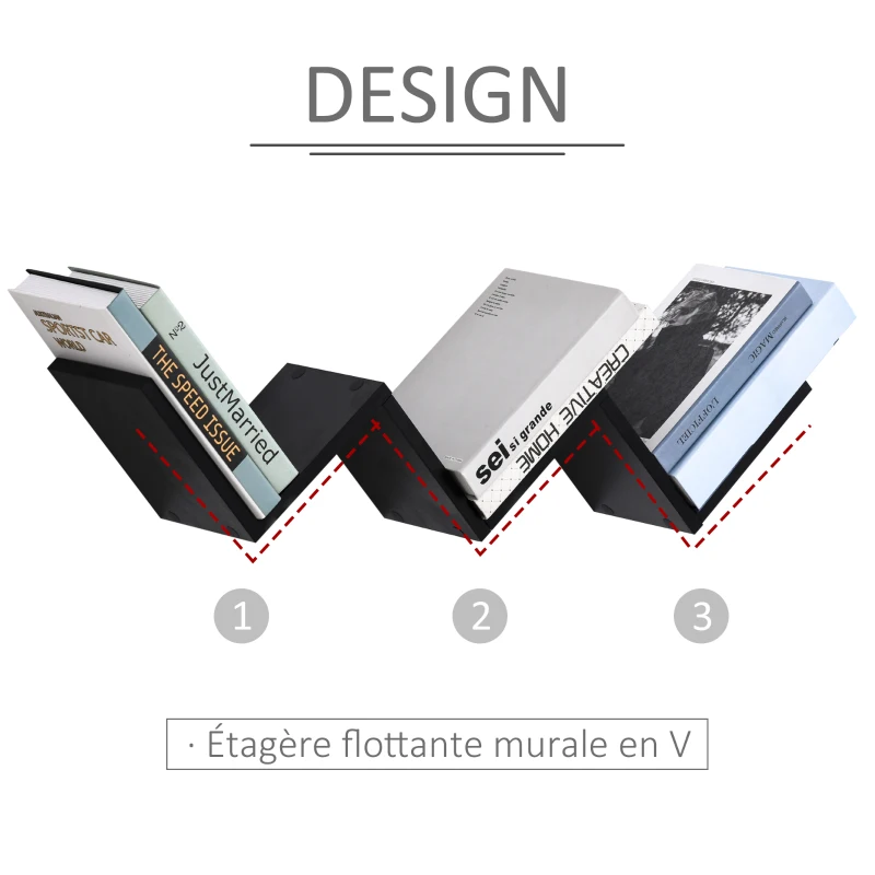 HOMCOM Etagères murale flottante - design contemporain en V - kit fixation inclus - panneaux particules noir