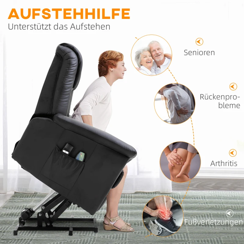 HOMCOM Massagestuhl mit Aufstehhilfe, 8 Vibrationspunkte, Heizfunktion, Fußstütze, Schwarz