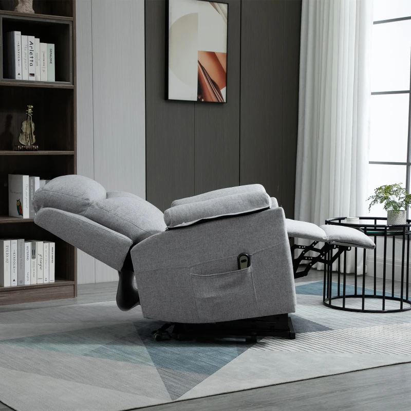 HOMCOM Fauteuil releveur électrique, fauteuil relax électrique avec repose-pied, dossier inclinable, télécommande et poche latérale charge 120kg tissu aspect lin gris clair(m-8)