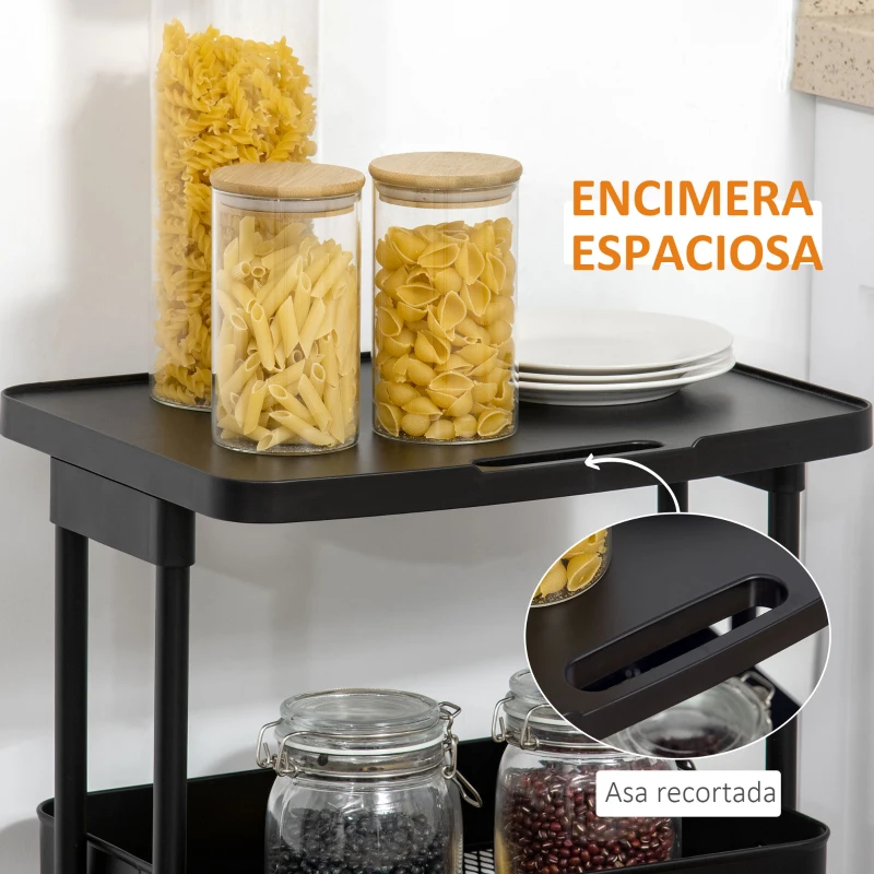 HOMCOM Carrito Auxiliar con Ruedas Carro de Almacenaje de 3 Niveles  para Baño Cocina Dormitorio Oficina 46x34,5x76,5 cm Negro