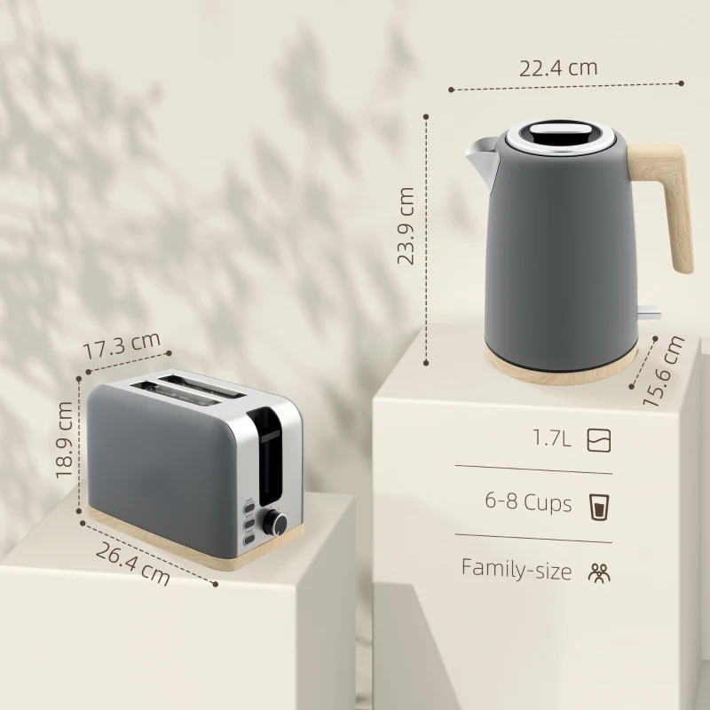 HOMCOM Stainless Steel Kettle and Toaster Set, 1.7L 3000W Fast Boil Kettle & 2 Slice Toaster Kitchen Set with 7 Level Browning Controls, Defrost, Reheat, Auto Off, Boil-dry Protection, Grey