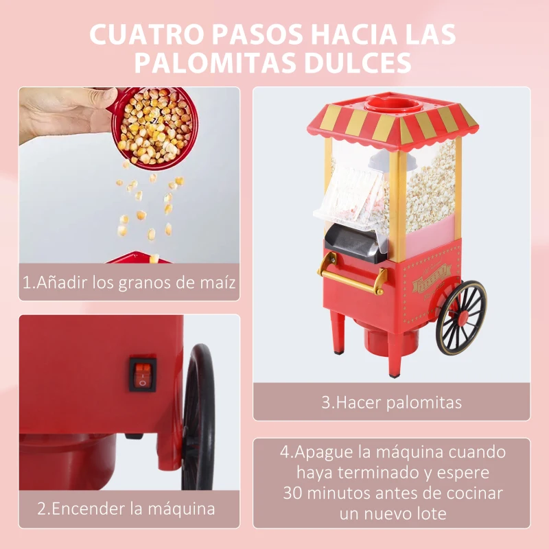 HOMCOM Máquina de Palomitas 1200W Máquina para hacer Palomitas en 3 Minutos Palomitera Eléctrica sin Aceite 22x19x39 cm Rojo