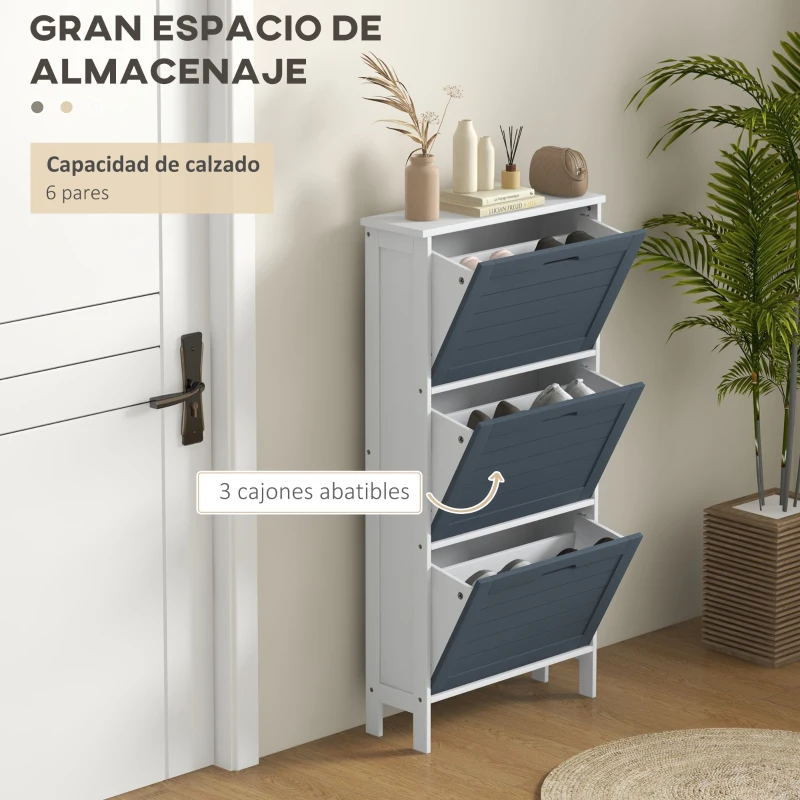 HOMCOM Mueble Zapatero Estrecho Armario Zapatero Alto con 3 Cajones Abatibles para 6 Pares de Zapatos 53x18x108,5 cm Gris