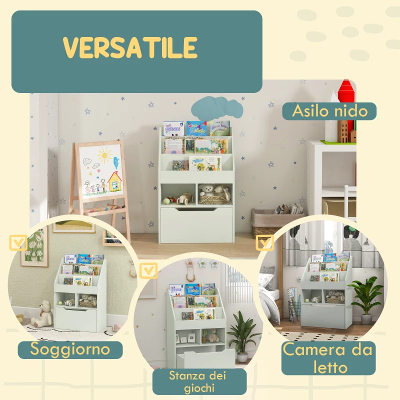 HOMCOM Piccola Libreria per Bambini con Ripiani e Cassetto in MDF, 60x29.9x90cm, Verde