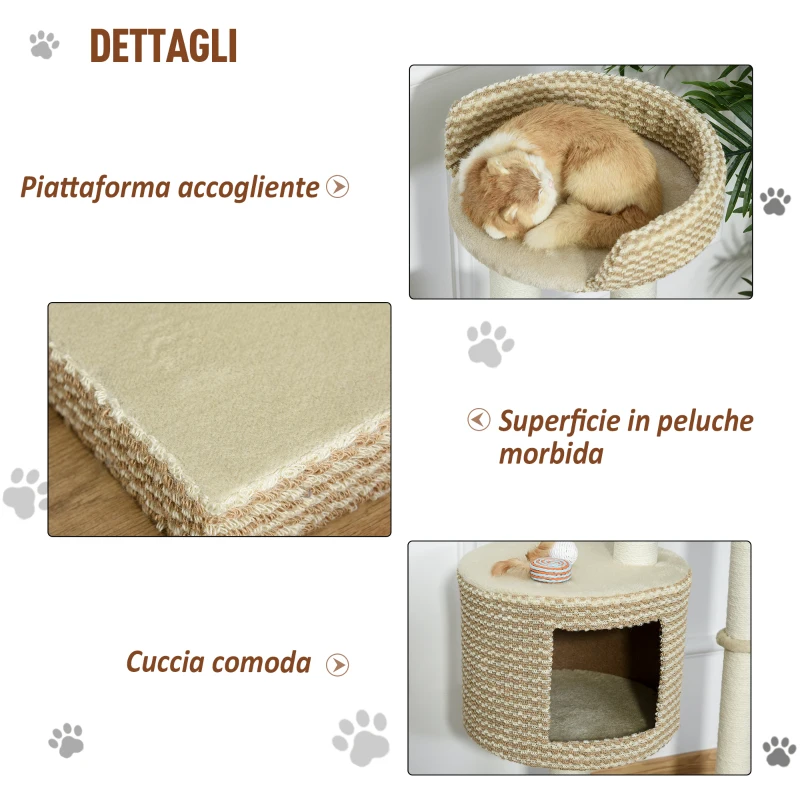 PawHut Albero Tiragraffi per Gatti Multi-livello, 2 Piattaforme, 1 Casetta e Corde in Juta, 61x41x96 cm, Beige