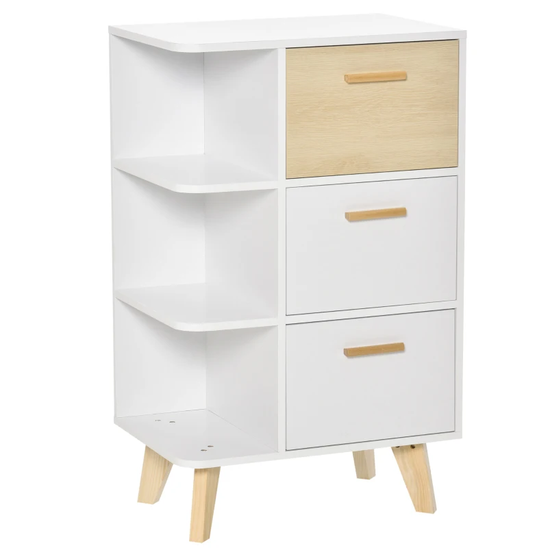 HOMCOM Sideboard Kommode Schrank mit 3 offenen Ablagen Schubladen Aufbewahrungsschrank Mehrzweckschrank für Wohnzimmer Schlafzimmer Weiß+Natur 60 x 40 x 100 cm
