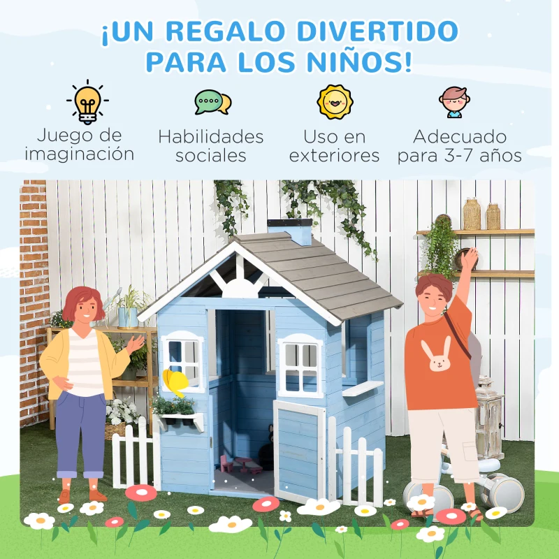 Outsunny Casita Infantil de Madera Casa de Juegos Exterior para Niños de 3-7 Años 51x112,5x142 cm Azul