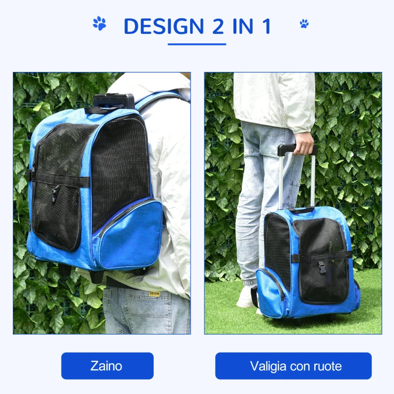 PawHut Trasportino Zaino 2 in 1 per Cani e Gatti con Tasche e Maniglia Telescopica, 42x25x55cm, Blu