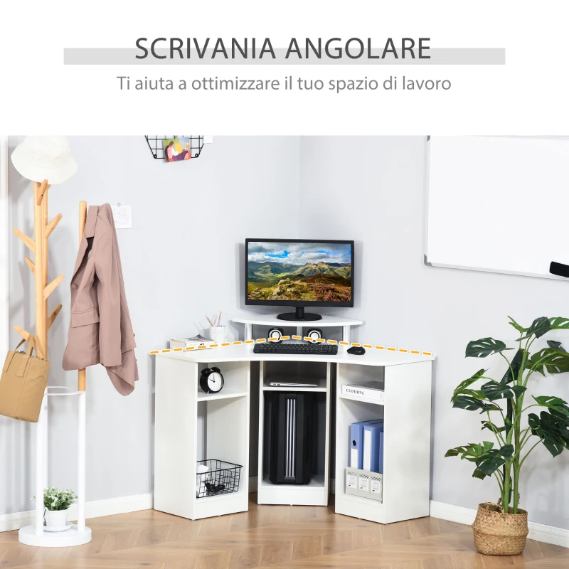 HOMCOM Scrivania Angolare con 3 Sezioni, Scrivania per Camera o Ufficio, Scrivania PC in Legno con Ripiano Monitor, Bianco