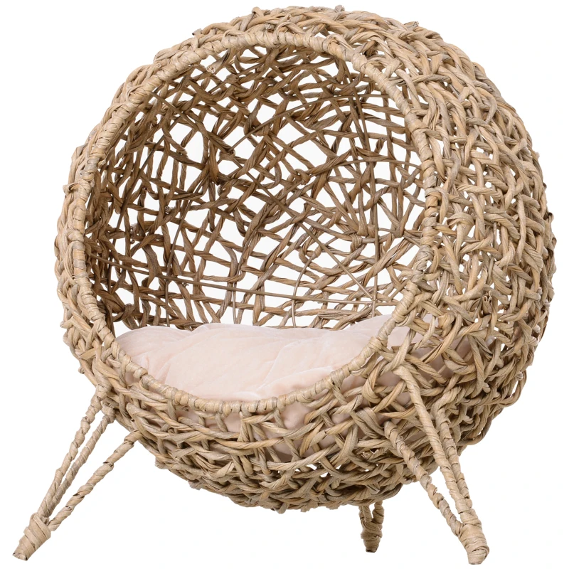 PawHut Panier chat lit surélevé chat cosy niche grotte grand confort dim. Ø 52 x 58H cm coussin moelleux inclus résine tressée imitation rotin beige