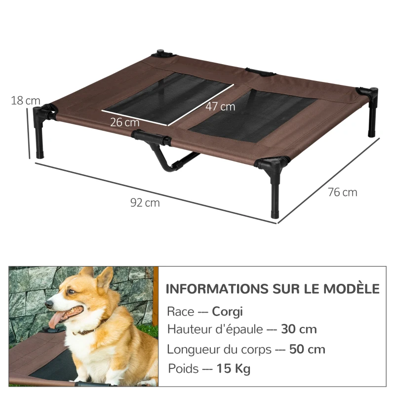 PawHut Lit sur pieds lit pour chien chat lit de camp lit surélevé animaux grand confort tissu Oxford textilène micro-perforé métal 92L x 76l x 18H cm café